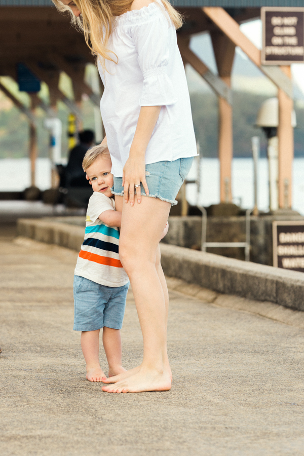 Mother & son (+ baby on the way) on the pier in Hanalei Bay, Kauai