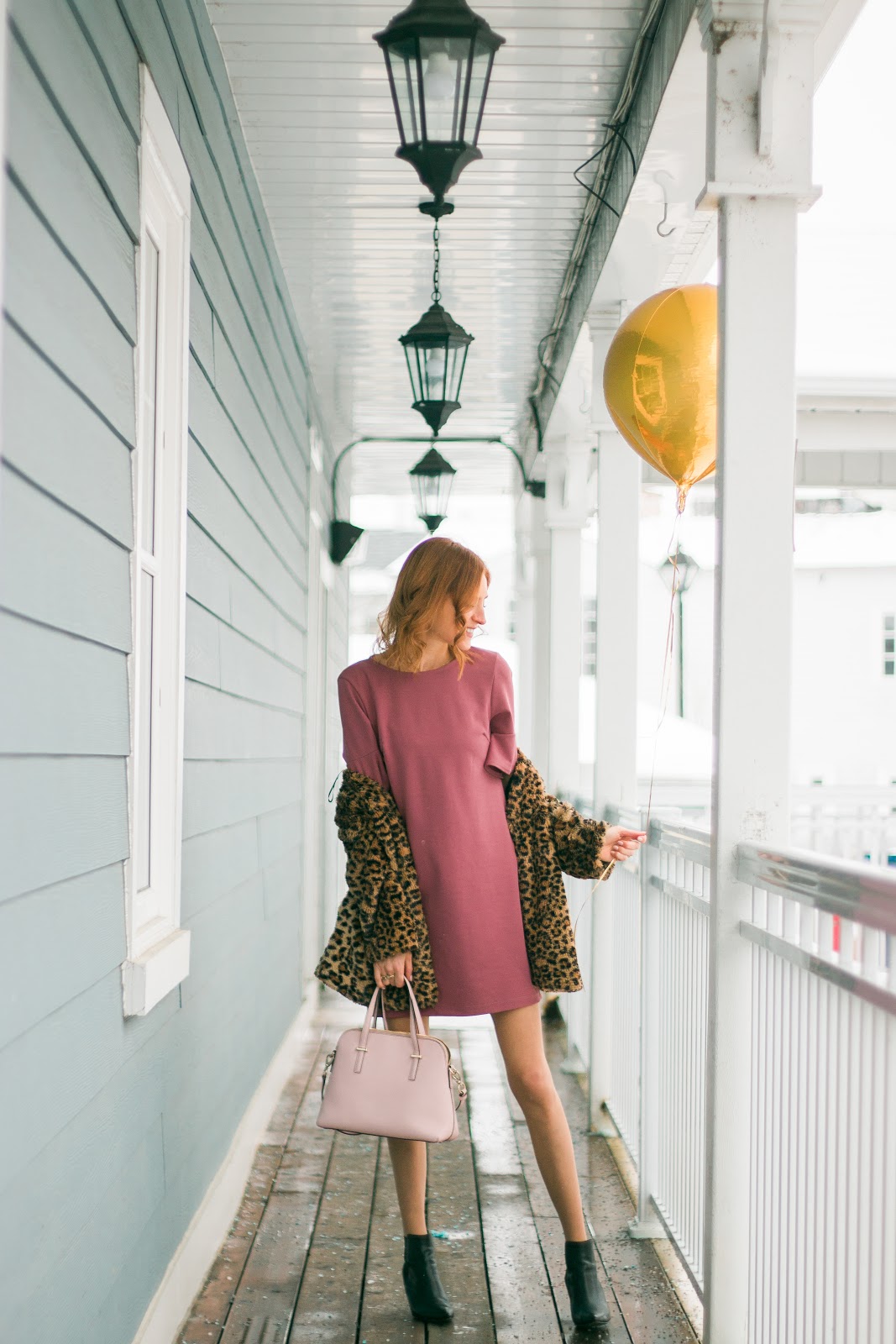 DVF leopard coat, Pink Simons dress,  Michael Kors black ankle booties, Blog Tips, Blog Help,Gold Balloons