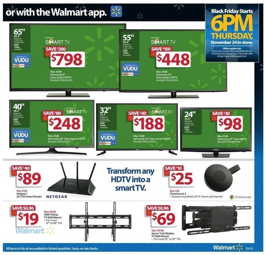 Walmart Black Friday 2016, Ads, Deals, Sales, Offer, Discount Samsung Class Smart LED HDTV, Netgear Router, Chromecast 2 and TV Wall Mount Walmart - Walmart Black Friday 2016, Ads, Deals, Sales, Offer, Discount