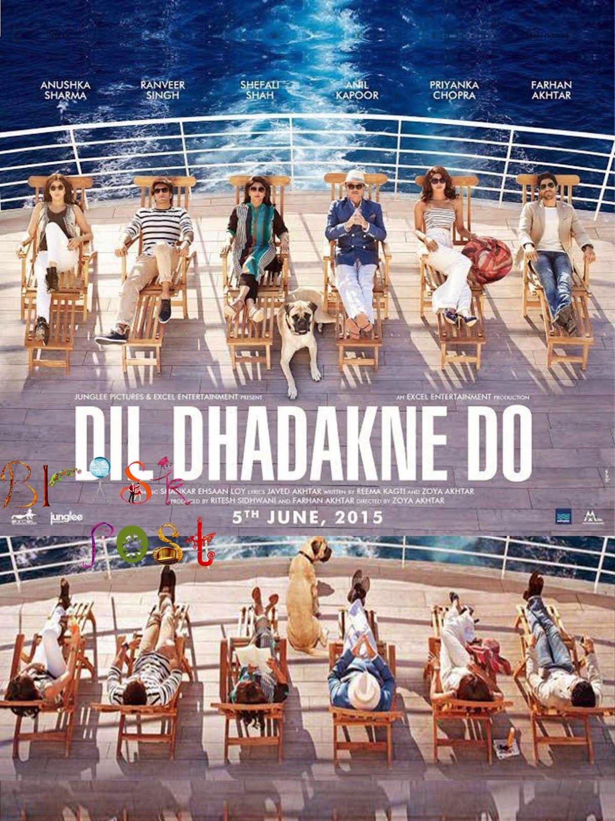 Dil Dhadakne Do movie Poster Dil Dhadakne Do Poster featuring Ranveer Singh, Priyanka Chopra, Anushka Sharma, Anil Kapoor, Farhan AKhtar, and Shefali cruising in a ship