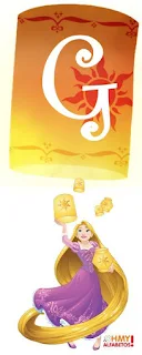 Alfabeto en Blanco de Rapunzel con Lámparas. Rapunzel with White Alphabet in Flying Lanterns.