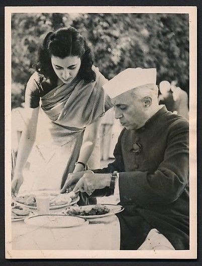 Indira Gandhi Serving Food to her Father Indian Prime Minister Jawaharlal Nehru - 1954