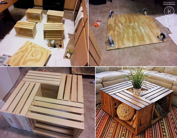 Coffee table with boxes of fruit