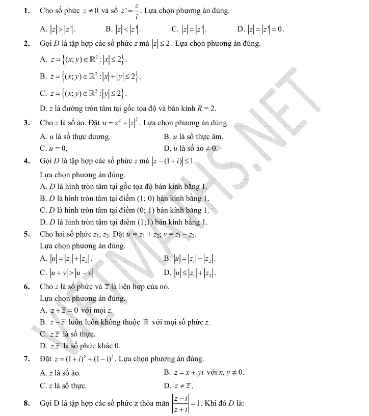30 câu trắc nghiệm số phức dạng Word và Pdf có đáp án phần 1 hon 30 cau trac nghiem so phuc dang word phan 1