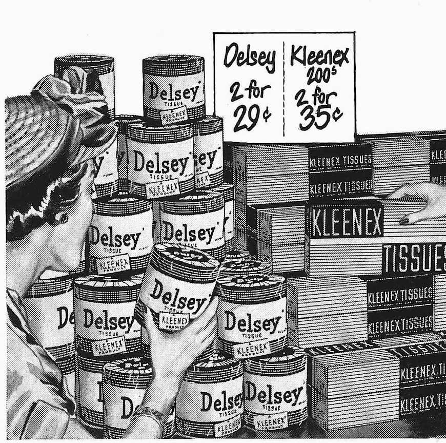 product movement in 1950 signage plus display equals product movement in 1950, an illustration with Delsey Tissue