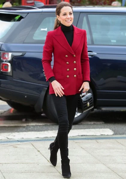 Kate Middleton wore a red Philosophy blazer and Kiki McDonough citrine pear drop earrings