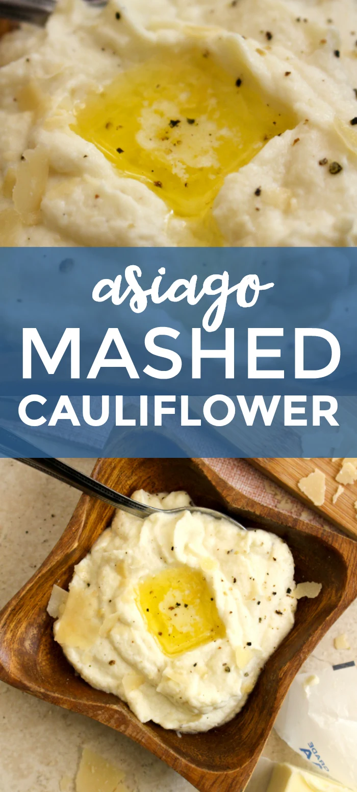 Asiago Mashed Cauliflower is creamy, cheesy, and super easy to make! It is a great side dish for the holidays or weeknight dinners. #cauliflower #sidedish