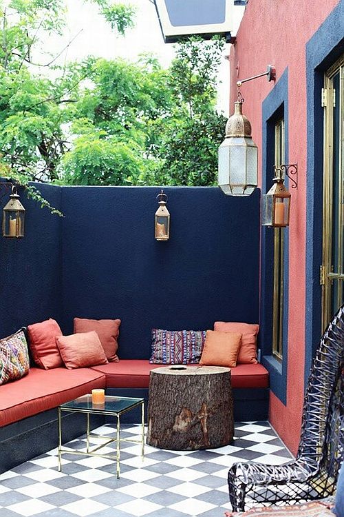 cozy navy and coral balcony
