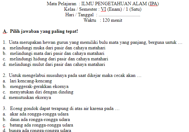 SOAL UAS UKK IPA KELAS 6 SD SEMESTER 1 tipstriksib