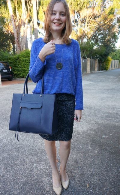 Business Causal Autumn office wear jacquard pencil skirt nude heels monochrome blue outfit RM MAB