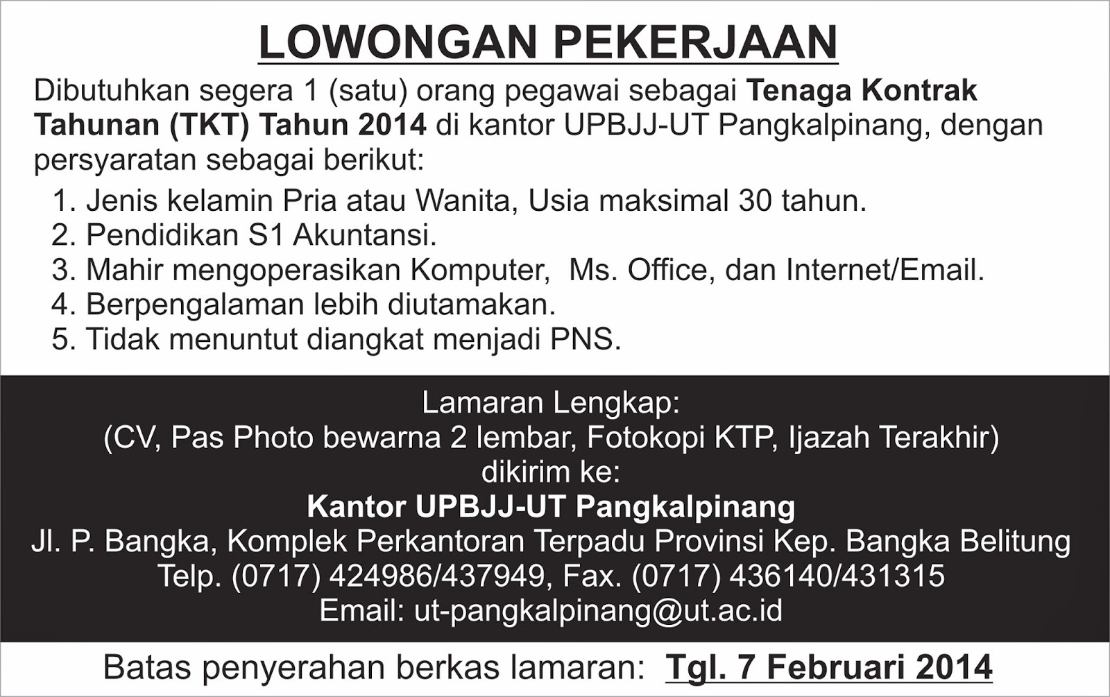 LOWONGAN PEKERJAAN Universitas Terbuka (UT) Pangkalpinang