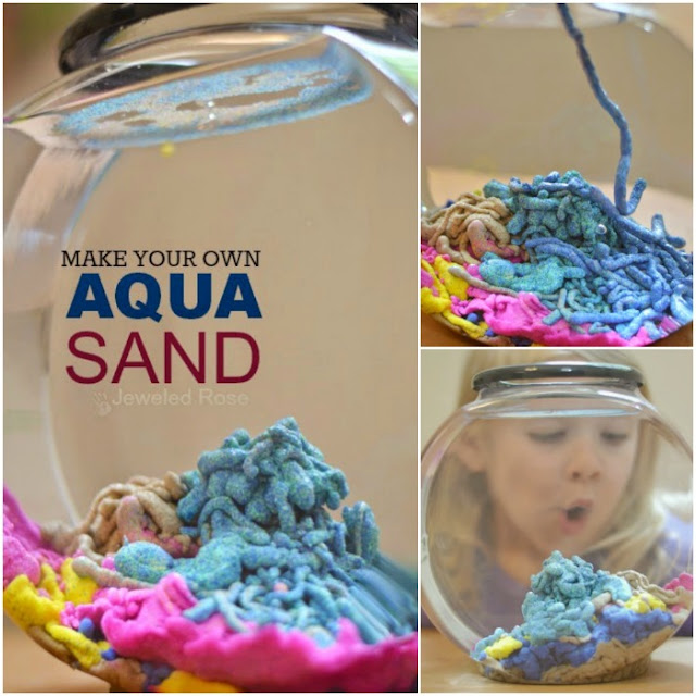 Make your own aqua sand- this stuff is SO COOL! Kids can build underwater castles and sea sculptures, and the sand comes out of the water DRY!