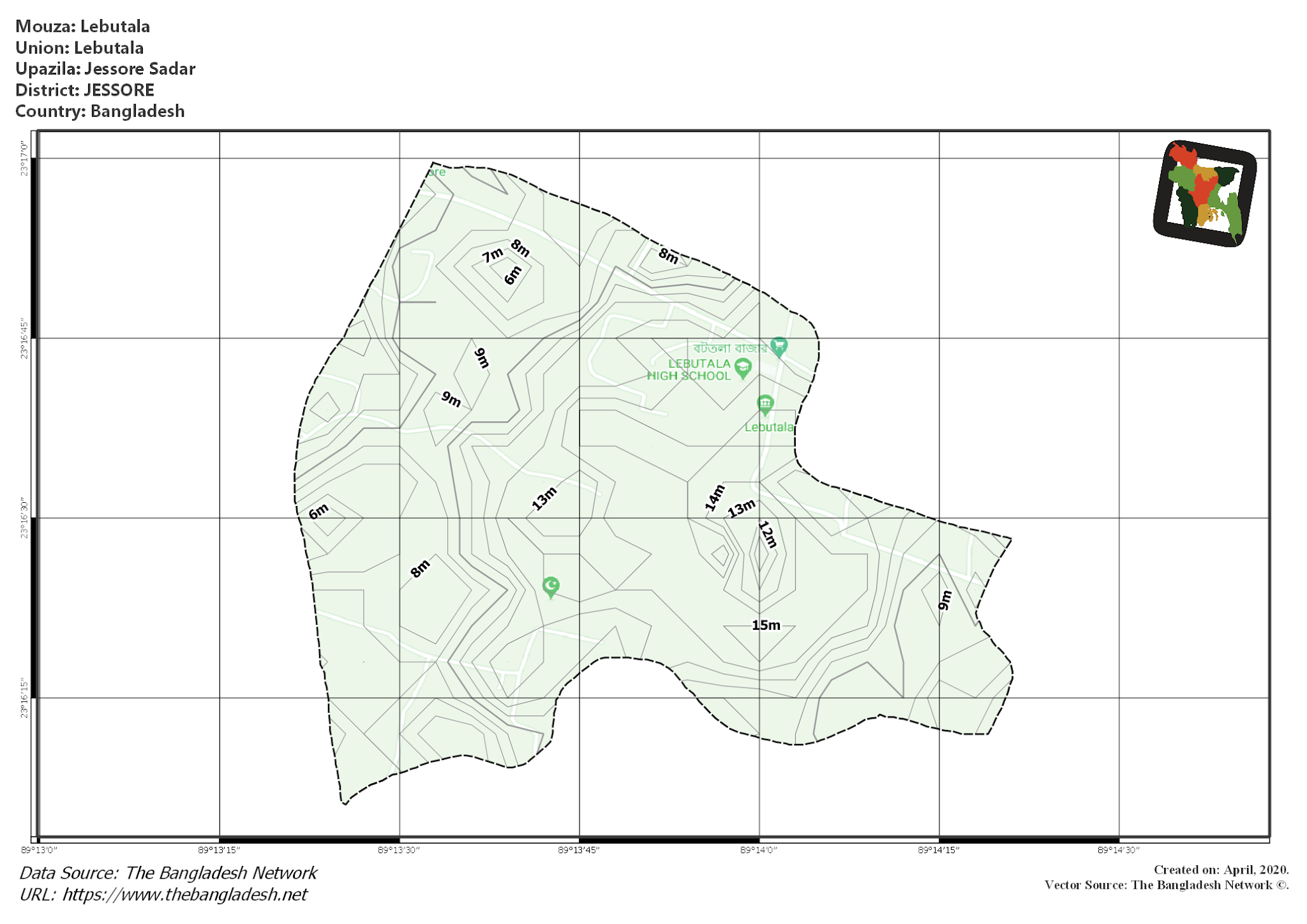 Map of Lebutala Mouza of Jessore Sadar Upazila, JESSORE, Bangladesh.