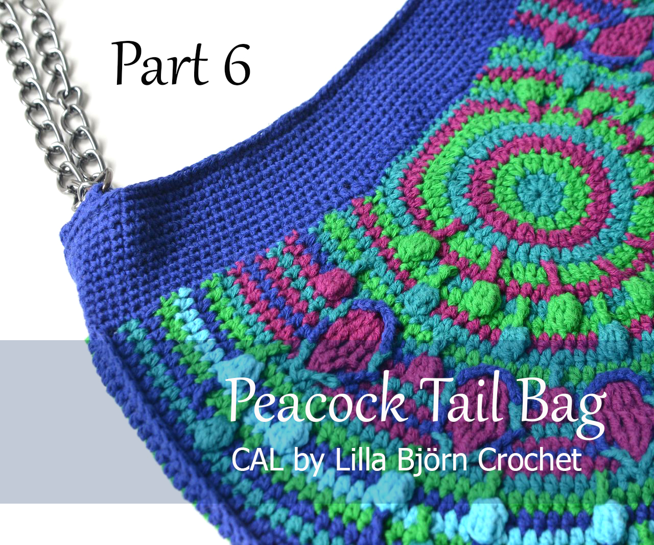 Peacock Tail Bag CAL, Part 6: joining and adding the band. Free pattern in overlay crochet by Lilla Bjorn.