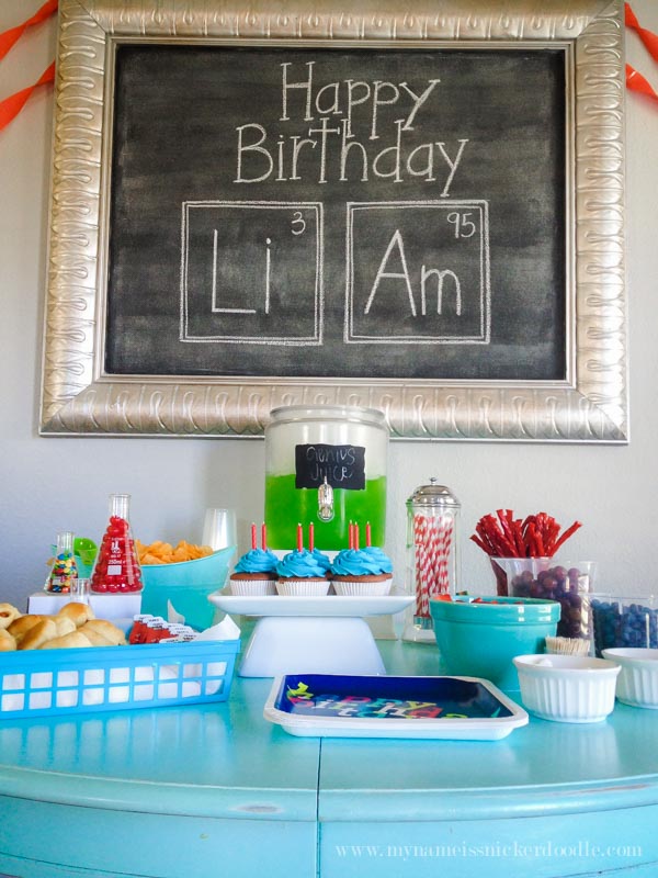 Such a great food table for a science themed birthday party! mynameissnickerdoodle.com Such a great food table for a science themed birthday party! mynameissnickerdoodle.com