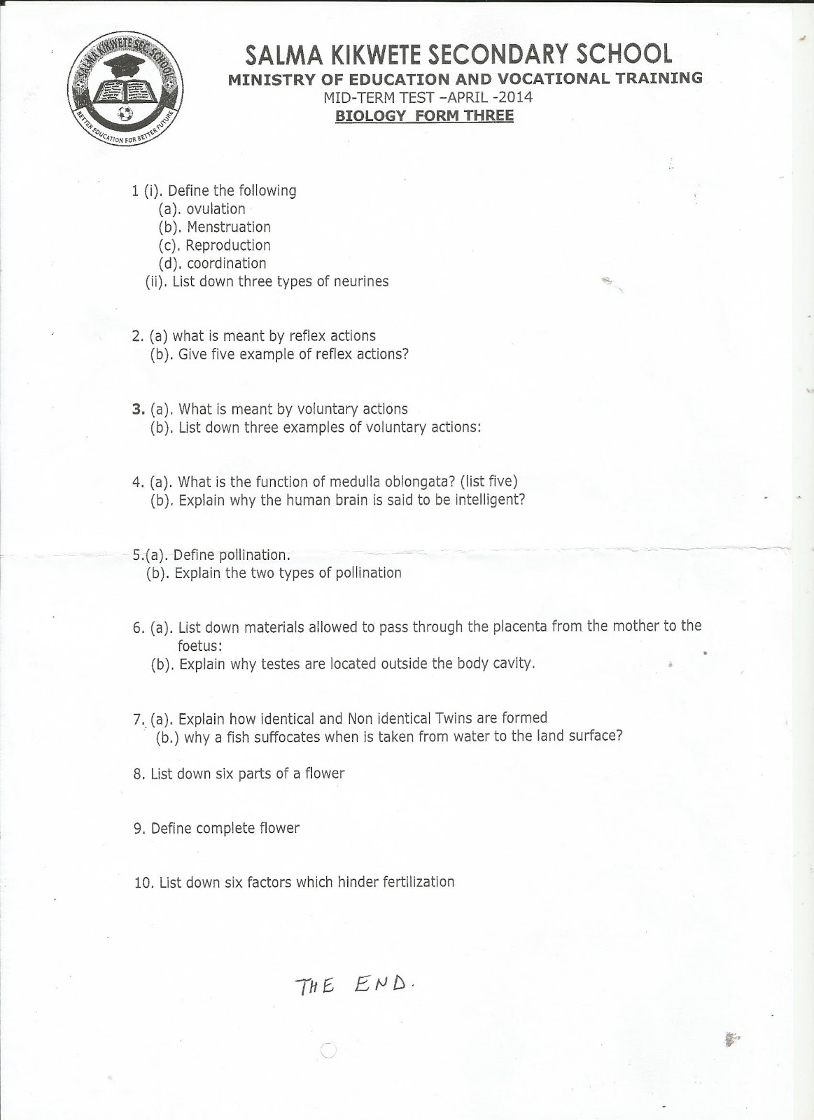 FORM THREE STUDY NOTES & PAST PAPERS BLOG BIOLOGY FORM THREE PAST PAPERS