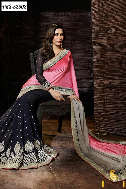 bollywood actress sophie chaudhary black pink color georgette New Year wedding party wear bollywood saree online with discount sale