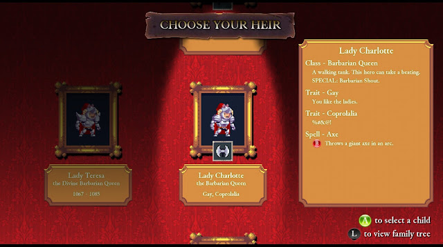 Rogue Legacy generated characters with random traits. This time, you'll be a lesbian barbarian who curses all the time.