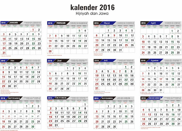 Kalender 2016 Lengkap Dengan Pasaran Jawa