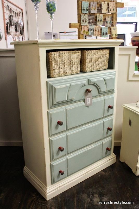 Dresser with baskets as top drawers. Great for organizing and adding