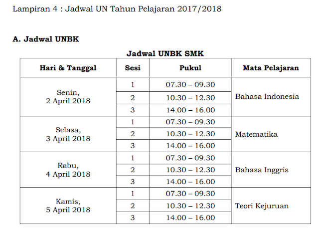 JADWAL UN 2017/2018 SMP, MTs., SMA, MA, SMK, MAK, SMPLB