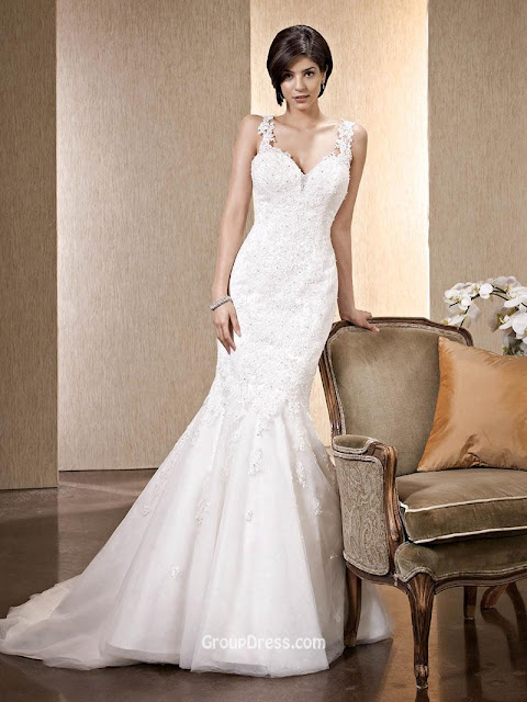 Floor Length Wide Straps Backless Lace Mermaid Wedding Dress