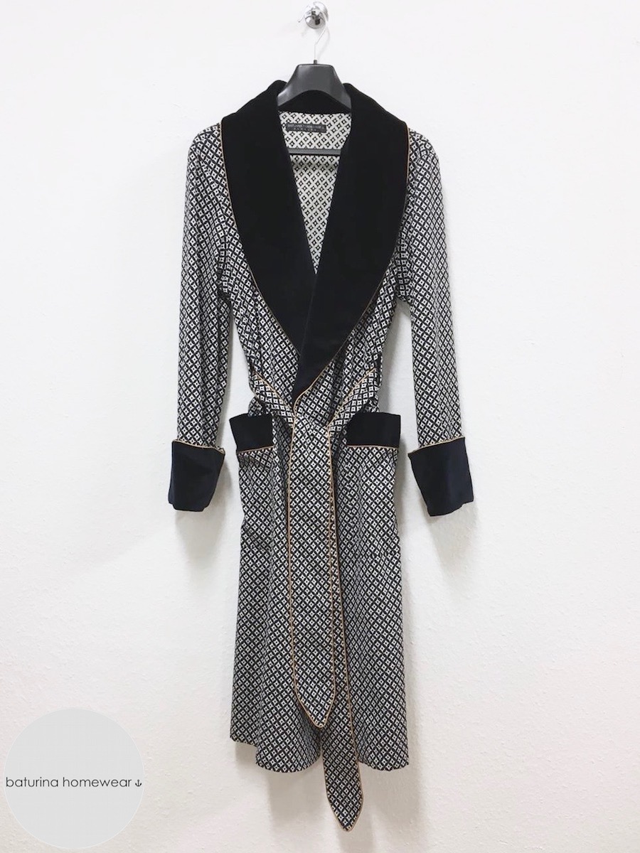 Men's Luxury Cotton Dressing Gown, Long Loungewear Robe with Velvet