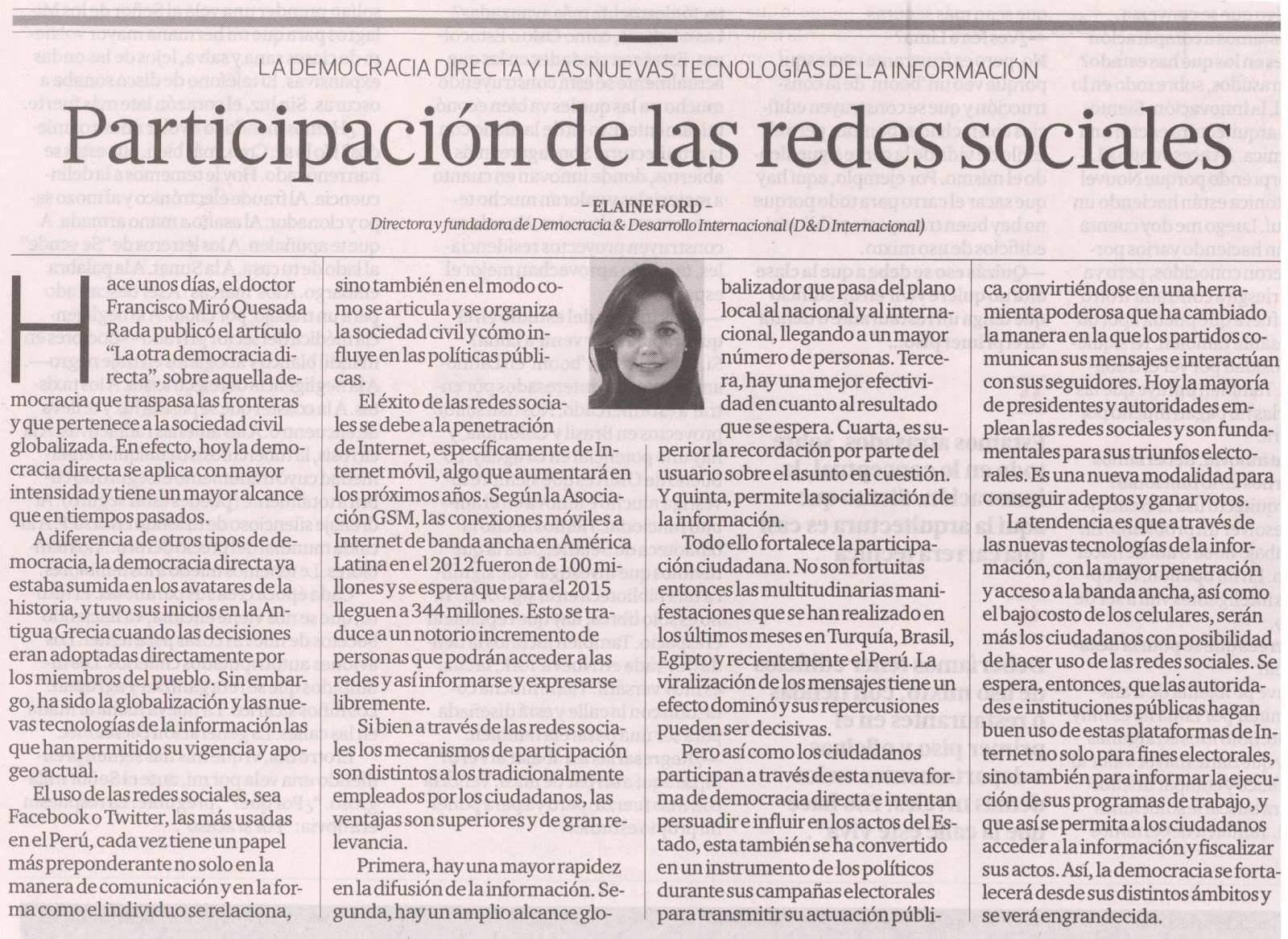 Democracia Digital : Artículo de Opinión publicado en el diario El  Comercio. Lima, 2 de agosto de 2013.