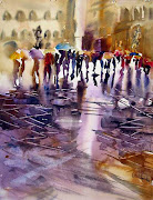 JULY inspiration by Shirley Charlton with"Umbrellas, wet street"