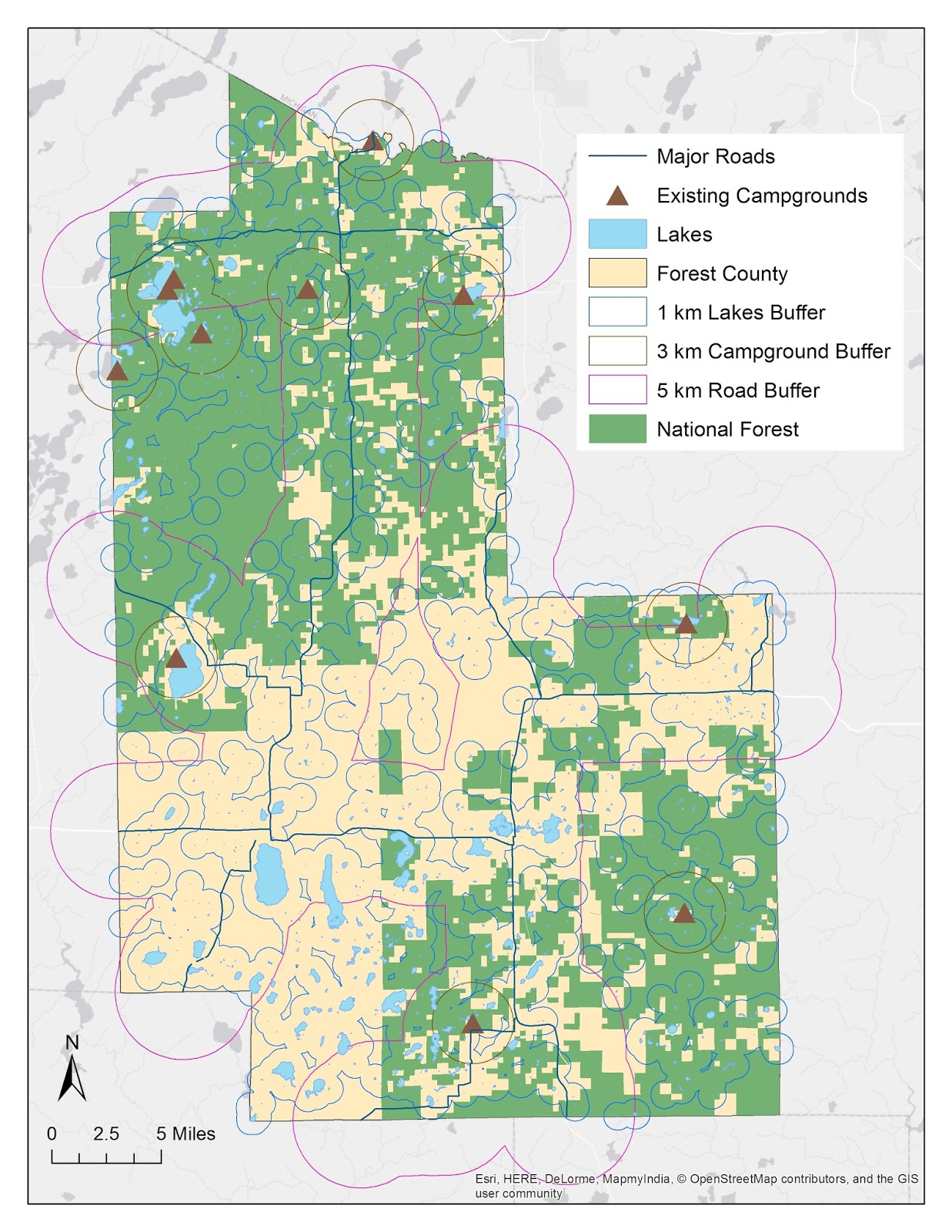 map showing each of the different buffers the existing campgrounds lakes major roads and the national forest within forest county wisconsin map showing each of the different buffers the existing campgrounds lakes major roads and the national forest within forest county wisconsin