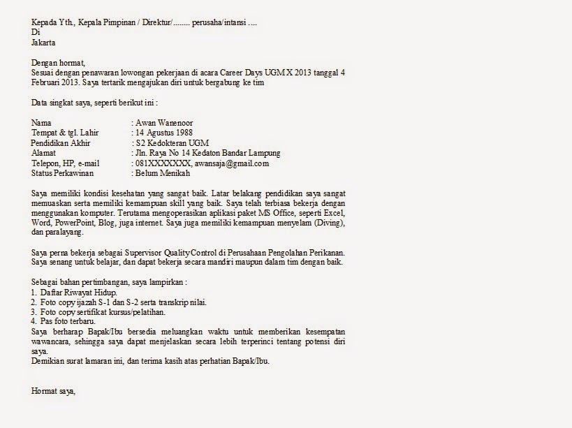 Contoh Surat Lamaran Kerja Sebagai Quality Control ben jobs