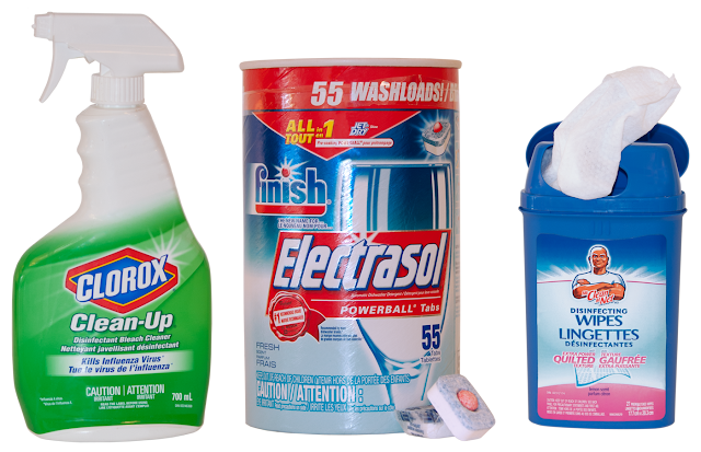 A selection of cleaning products often found in the kitchen.