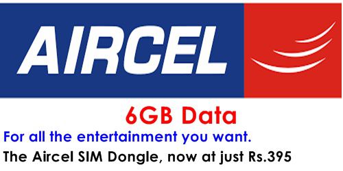 Aircel Dongle Offers Free 6GB 3G data usage at Rs.395 for Chennai customers
