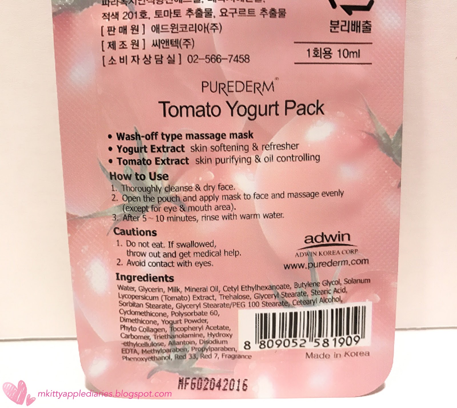 M. Kitty Apple Diaries ♡ [WashOff Mask Review] PUREDERM ♥ Tomato
