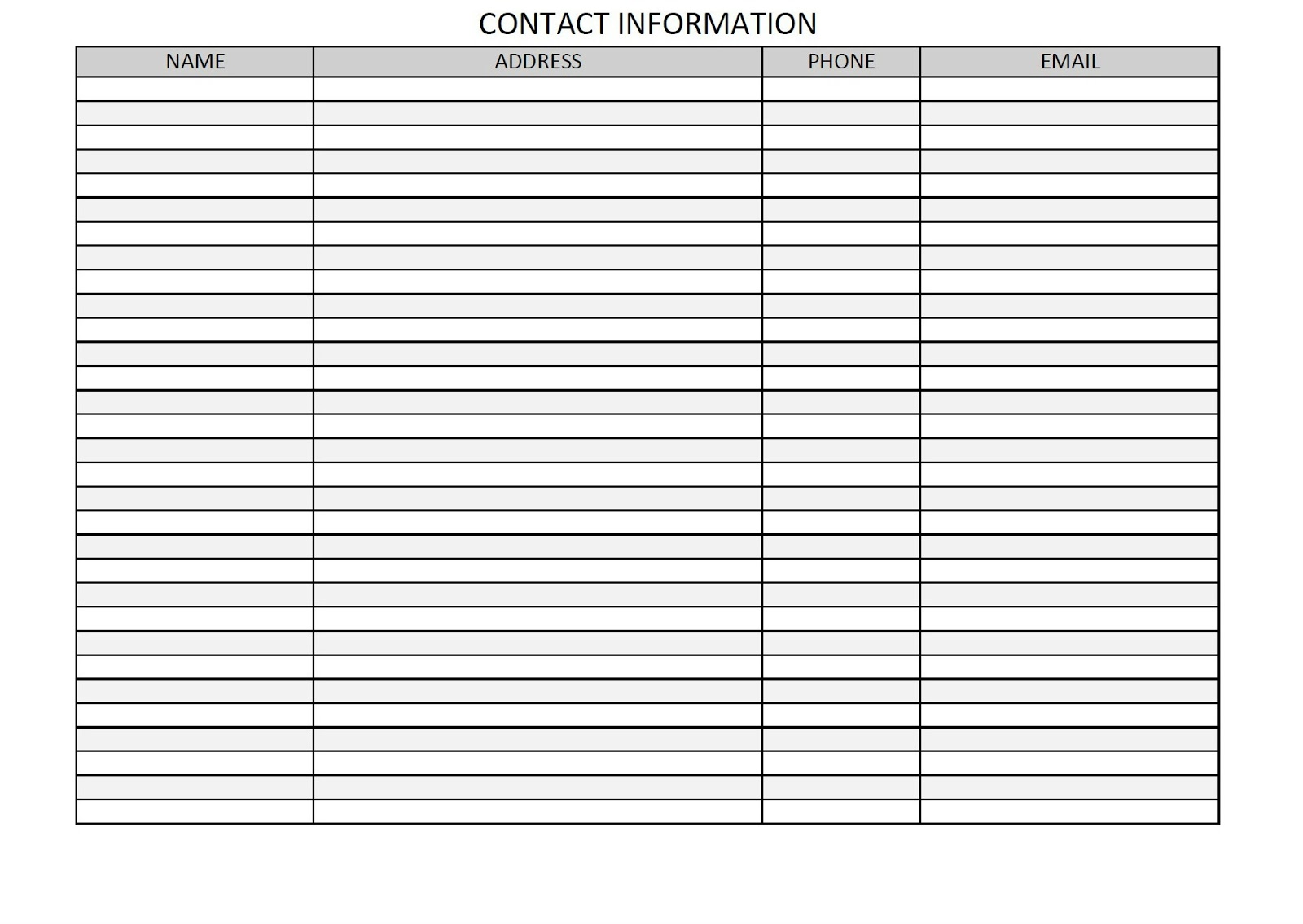 contact information sheets