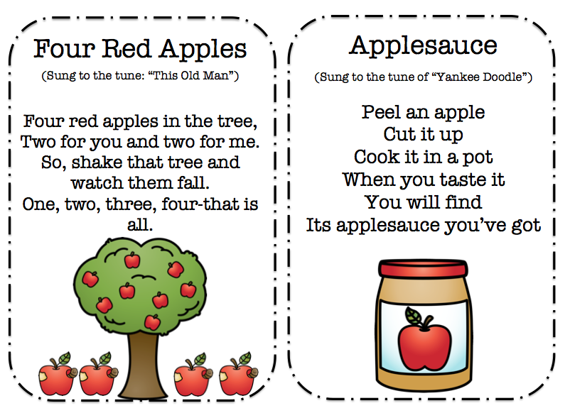 Apple Songs, Poems and Finger Play Cards Preschool Printables