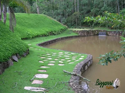 Construção de muro de pedra com a construção do lago, a cascata de pedra, os caminhos de pedra com pedra São Tomé e no início do talude a mureta de pedra rústica, no talude o gramado com grama amendoim em sítio em Nazaré Paulista-SP.