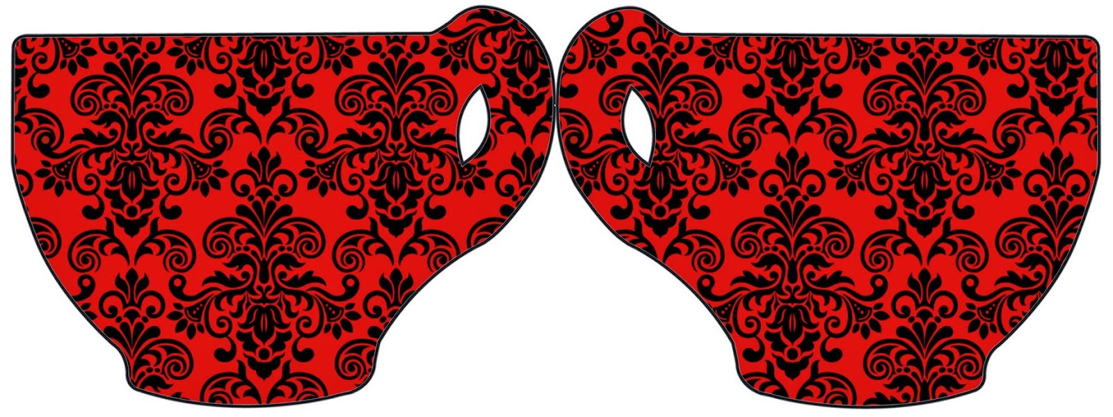 Tarjeta con forma de Taza de Damasco Negro en Fondo Rojo.