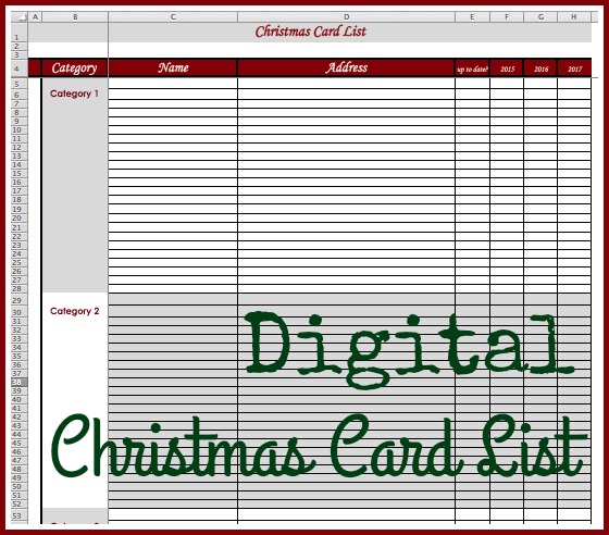 Digital Christmas card list available on google sheets or as an excel spreadsheet: Organize your Christmas card list on your desktop and keep track of addresses