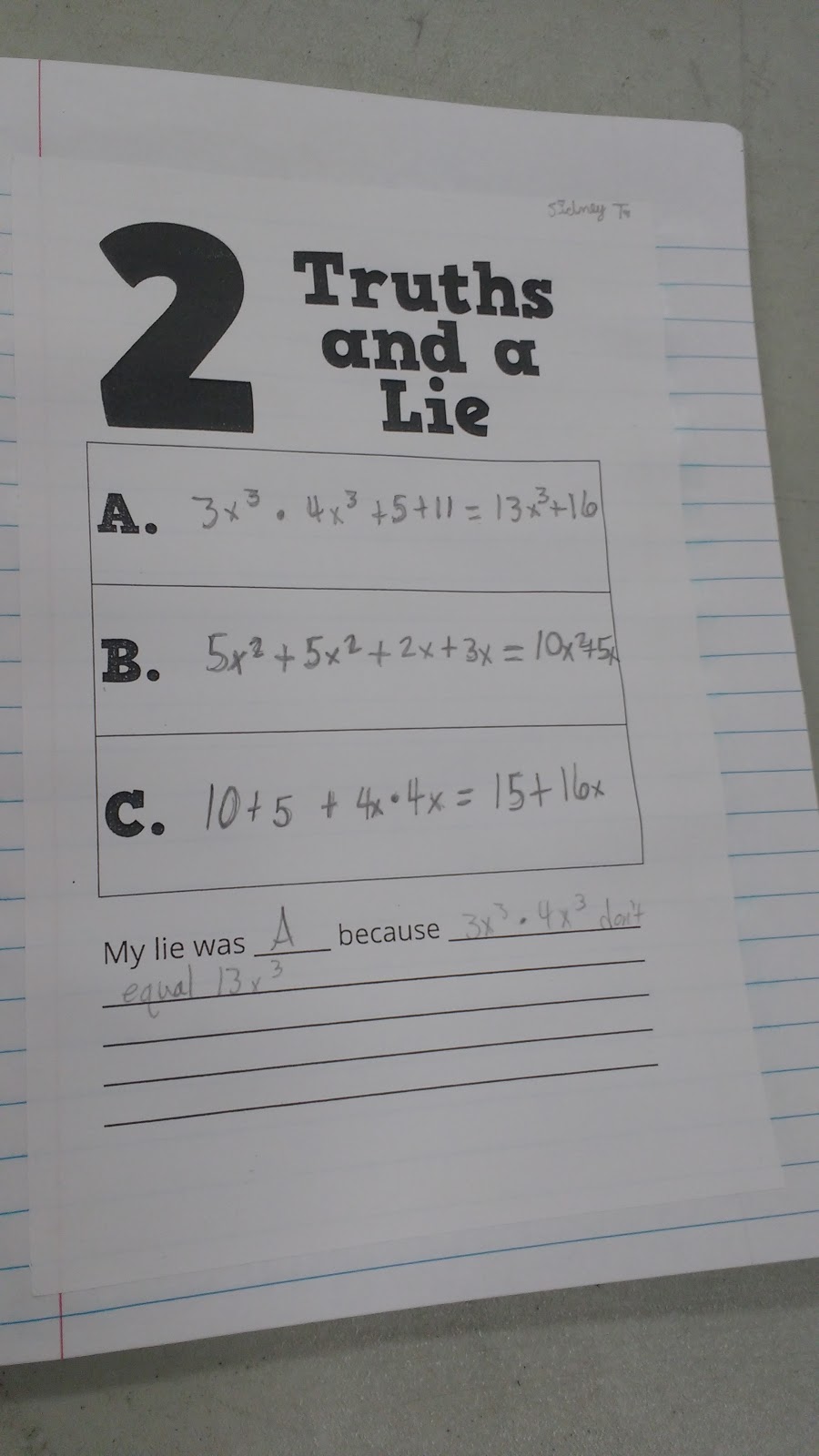 Math = Love: Two Truths and a Lie: Combining Like Terms