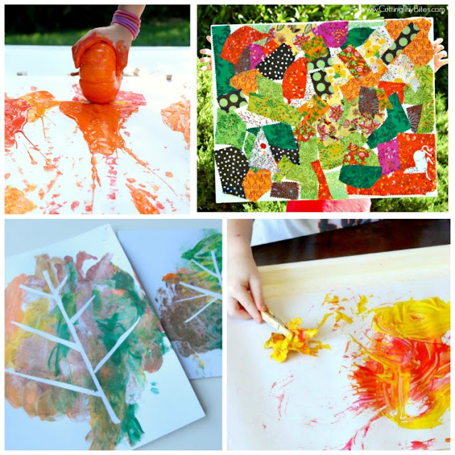 Fall Process Art For Kids.  Great ideas for autumn painting, drawing, collage, and stamping.  Choices for toddlers, preschool, kindergarten, and elementary kids.