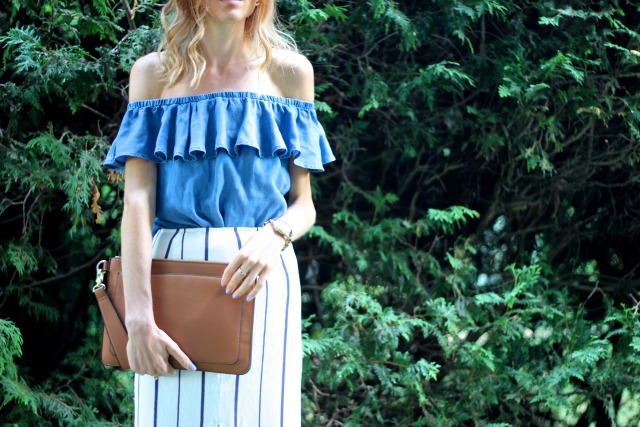 Blue and white for Summer- Tobi Crushing Hearts Striped Skirt ,Forever 21 Chambray Off the Shoulder Top