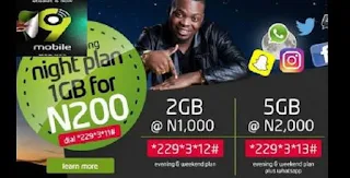 9mobile's latest night data plans (N50 for 250MB, N200 for 1GB, N1000 for 2GB and N2000 for 5GB)