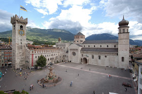 Piazza Duomo in Trento, with the Palazzo Pretorio and Torre Civica on the left, and the Duomo to the right