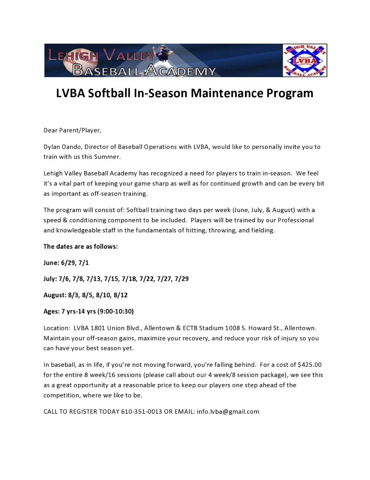 Lehigh Valley Baseball Academy LVBA Softball Summer InSeason program