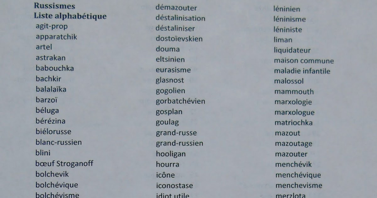 Carnet d'un linguiste Les mots d'origine russe en français. Liste
