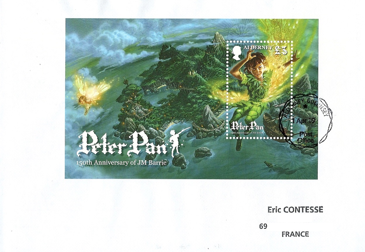 Mon Blog Timbré "Peter Pan" souvenir sheet on cover from Alderney