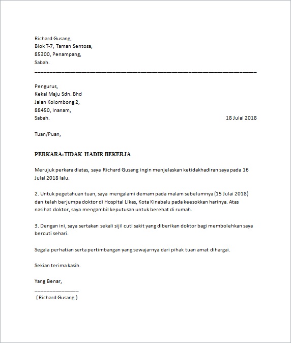 Contoh Surat Cuti Sakit Sekolah Menengah  Contoh Surat Rasmi Cuti