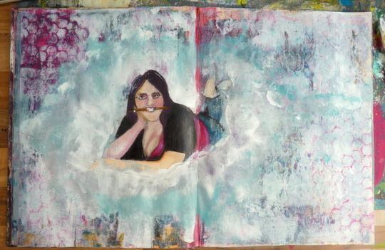 Whoopidooings: Carmen Wing - Start of a grungy Self Portrait journal page