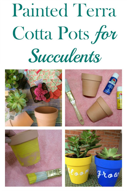 Create a bright succulent display by using painted terra cotta posts and Cricut vinyl words!